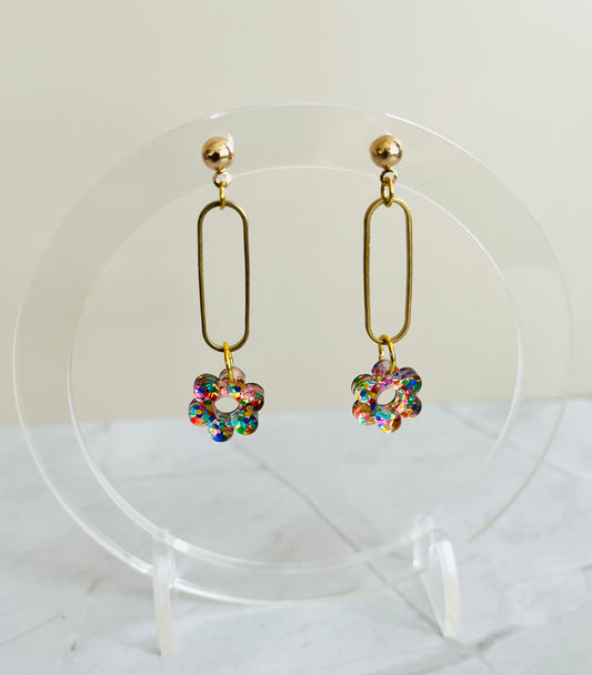 Flower Drop Earrings- Rainbow Glitter