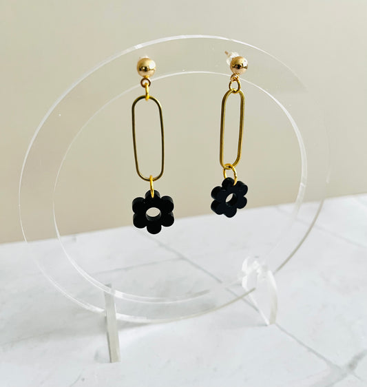 Flower Drop Earrings-Black