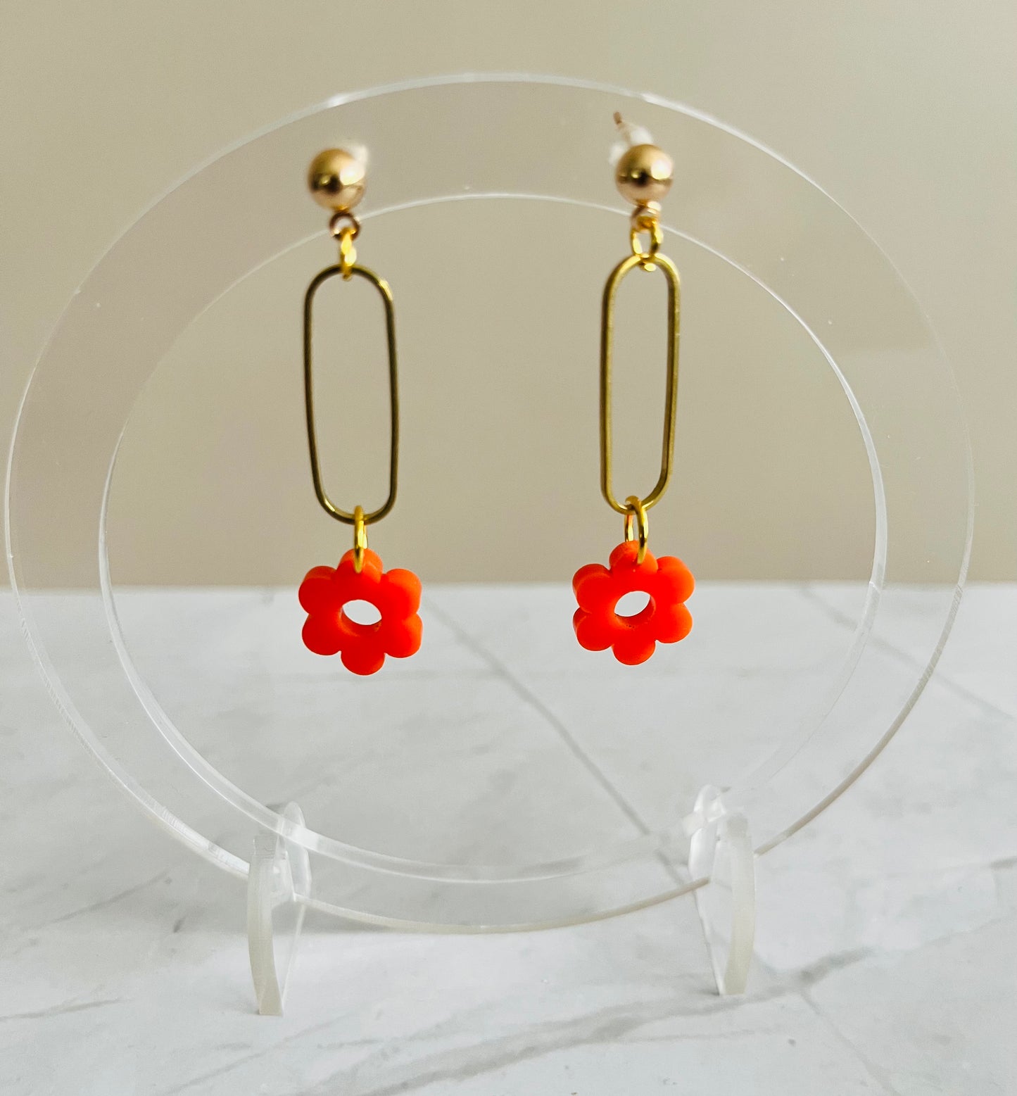 Flower Drop Earrings-Orange