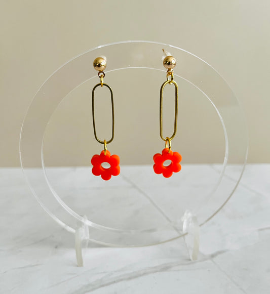 Flower Drop Earrings-Orange