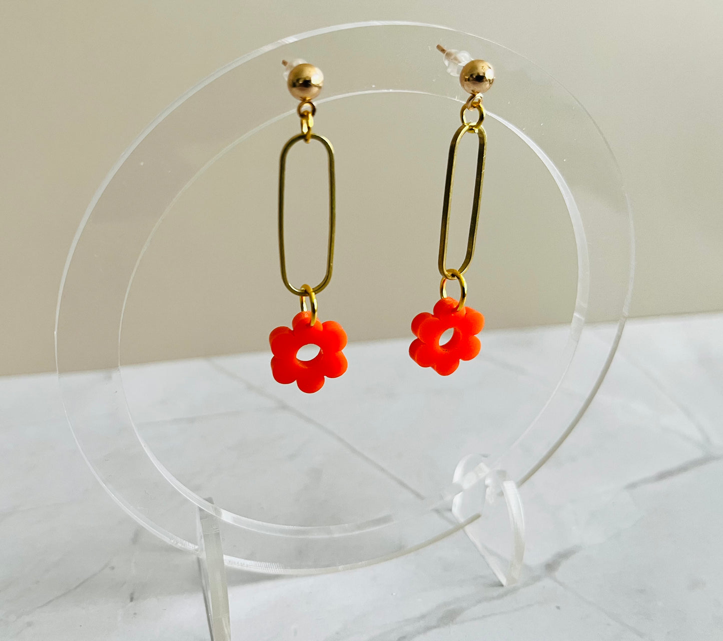 Flower Drop Earrings-Orange
