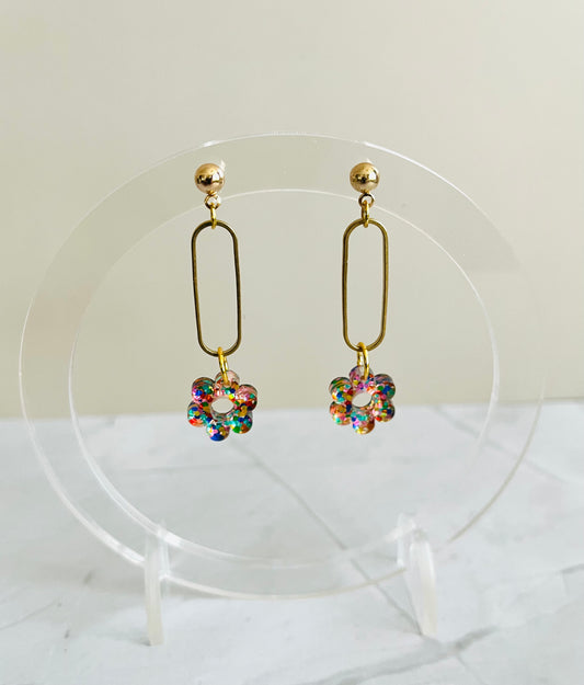 Flower Drop Earrings- Rainbow Glitter