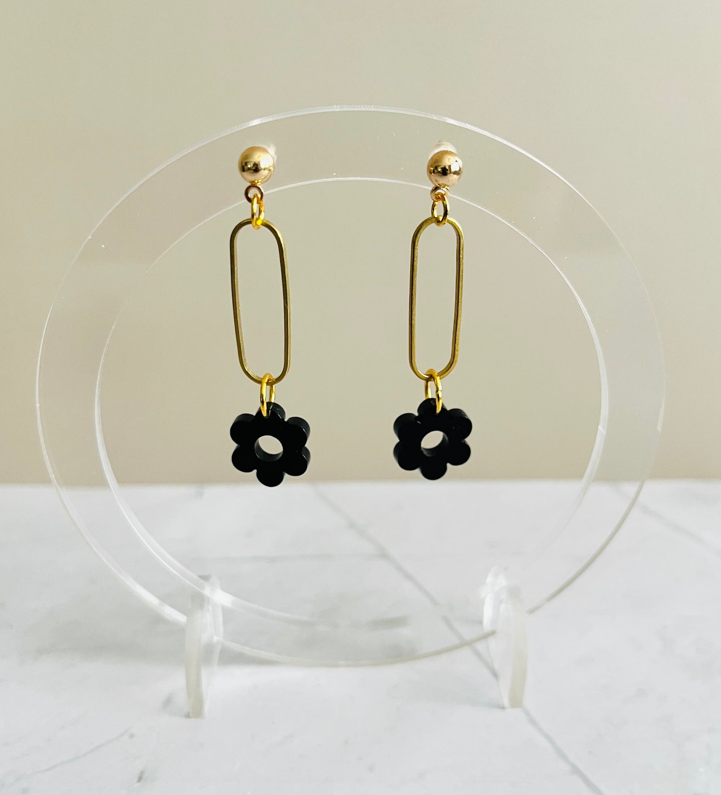 Flower Drop Earrings-Black