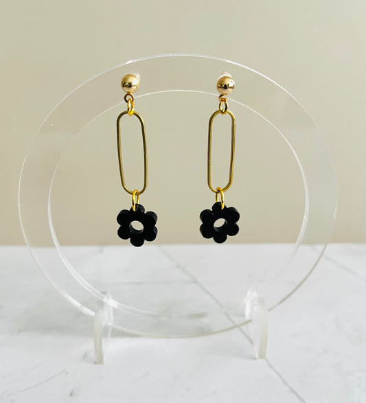 Flower Drop Earrings-Black