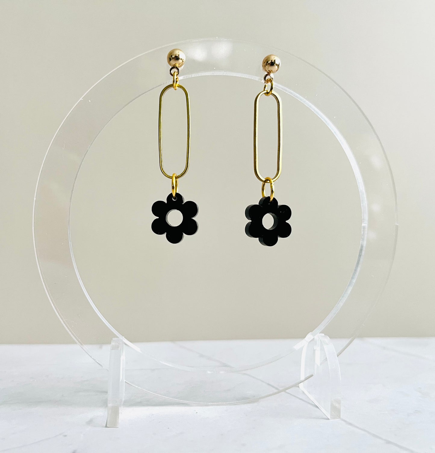 Flower Drop Earrings-Black